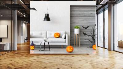 3D render Halloween party in living room with pumpkins, jack-o-lantern Wall mural