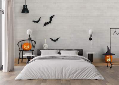 3D render of Halloween party in living room and pumpkins, jack-o-lantern Wall mural