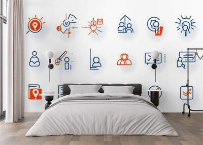 A set of thin line minimalist outline icons depicting various aspects of people groups and community dynamics such as audience interaction Wall mural