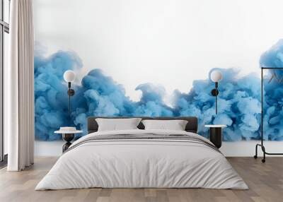 Captivating blue smoke explosion with swirling billowing formations intricate textures and vivid gradients highlighted against a clean white backdrop  This digital painting has a bold impactful Wall mural