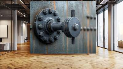 Detailed Close up Shot of a Refinery Valve with Fuel Surging Through at High Pressure Showcasing the Intricate Glistening Metal Texture and Industrial Components Wall mural