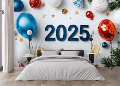 Elegant and modern geometric 2025 design with minimal line art elements like stars balloons and champagne glasses offering a clean and dynamic layout for anniversary new year Wall mural