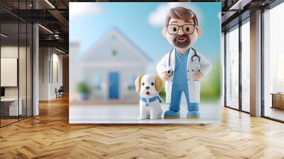 Flat design icon depicting a dog and veterinary clinic in a triadic color scheme with a 3D rendering effect  Suitable for medical healthcare pet and animal related branding logos signage Wall mural