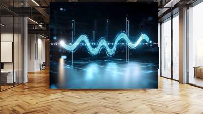 Futuristic and abstract design featuring swirling blue waves with glowing technological particles over a dark and white background representing innovation and advancements in the digital age Wall mural