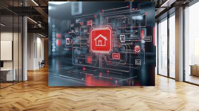 Glowing digital home icon centered in a complex network of illuminated circuit lines symbolizing the of smart technology and the Internet of Things on a sleek black background Wall mural