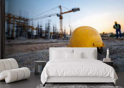 Glowing engineer s hard hat under warm bokeh lighting set before a clean energy construction project symbolizing sustainability technological innovation and progress in the industry Wall mural