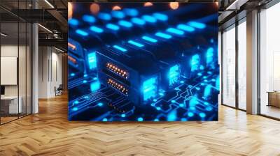 Glowing Illuminated RJ45 Ethernet Cables in Blue Digital Background of Circuits and Grids Representing High Speed Data Transfer and Advanced Technology Infrastructure Wall mural