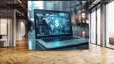 Laptop displaying a glowing dollar sign hologram representing online banking and fintech advancements with a softly blurred background Wall mural