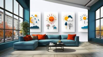 Set of minimalist two tone weather icons representing the four seasons   winter spring summer and autumn  Focused on clean lines geometric shapes and an abstract design aesthetic Wall mural