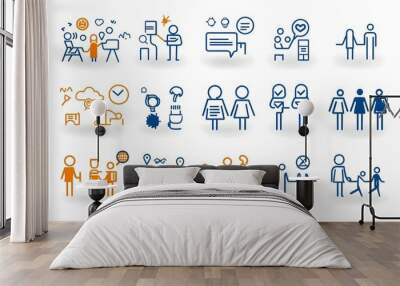 Set of thin outline icons depicting various human figures community members audience and team participants in modern style for organizational and corporate themes Wall mural