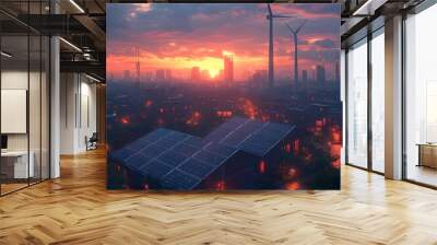 Sleek and modern solar panels and wind turbines integrated seamlessly into a vibrant urban cityscape efficiently generating renewable power for a sustainable future Wall mural