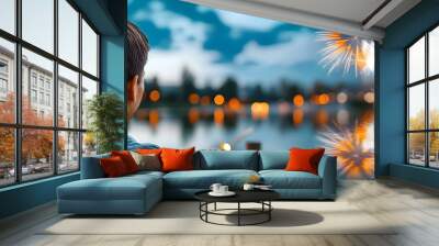 Vibrant fireworks display bursting with color and light over a tranquil lake with the colorful reflections shimmering on the water s surface as part of a dramatic festival under the night sky Wall mural