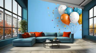 Vibrant multicolored balloons graphic design for a cheerful birthday greeting card or party invitation  Featuring bright blue and white tones a celebratory birthday message and a playful Wall mural