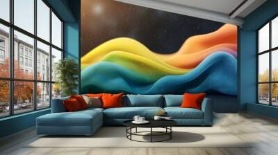 Visually striking gradient background blending vibrant rainbow colors with glowing yellow green and blue abstract shapes set against a dark noise texture Wall mural