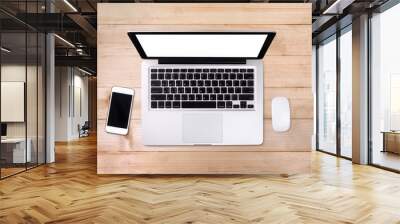 Top view laptop computer with mobile phone on wood table.Busines Wall mural