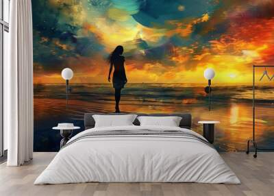 Design an image of a woman enjoying a leisurely walk on a beach during sunset. Show her relaxed and content, with the warm glow of the setting sun reflecting off the water  Wall mural