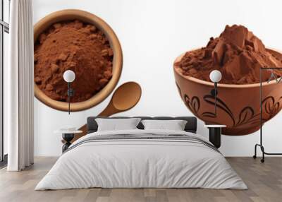 Cocoa powder in wooden bowl with a spoon, top view, front view, isolated on transparent background. Generative AI Wall mural