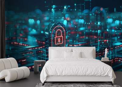 Cyberspace security hub visualized as a fortified digital fortress, safeguarding sensitive data from cyber threats Wall mural