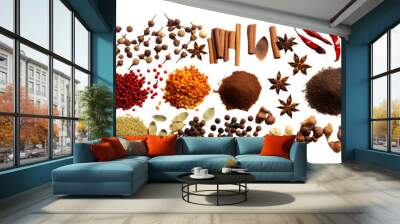 Different spices isolated on backgorund, top view. Generative AI Wall mural