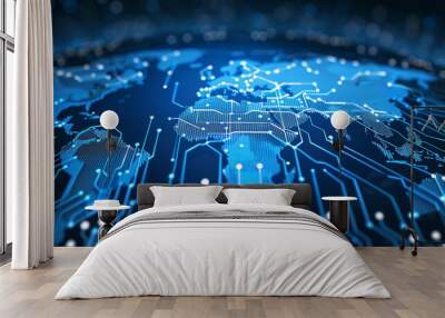 Glowing Printed Circuit World, Global Connectivity, Data Transfer, AI, Information Exchange, Telecommunications & Business Wall mural