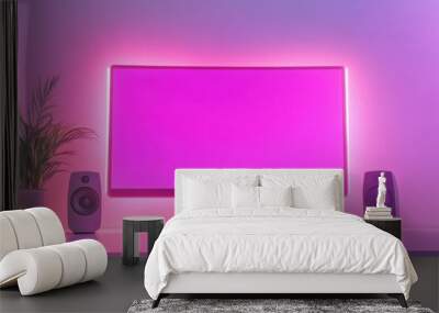 Minimalistic Computer Desk with Pink Ambient Lighting Wall mural