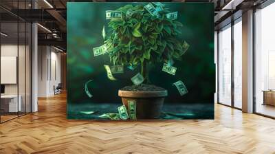 Money Tree Growing from Pot of Dollar Bills Wall mural