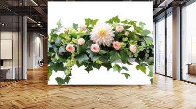 set of table centerpieces with hydrangeas, dahlias, and ranunculus surrounded by ivy, isolated on transparent background Wall mural