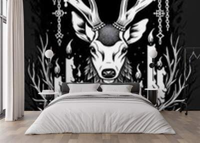 Tribal Deer Tattoo .chain and candles black and white illustration Wall mural