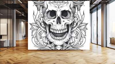 Tribal Skull and Candles Tattoo black and white illustration Wall mural