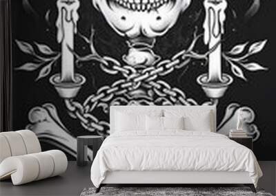 Tribal Skull and Scrollwork Tattoo chain and candles black and white illustration Wall mural