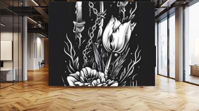 Tribal Tulip flower Tattoo .chain and candles black and white illustration Wall mural