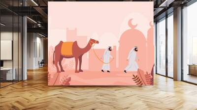 Camel in desert man Arabic cartoon travel in sahara sand muslim walking together in caravan Wall mural