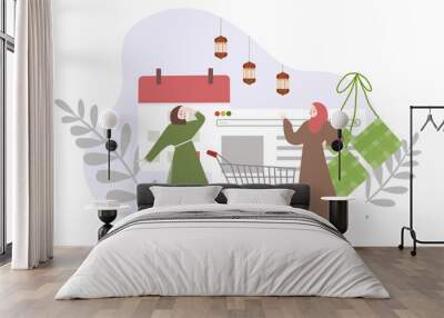 Muslim women characters shopping online to celebrate the Eid holiday modern flat cartoon style vector. Wall mural