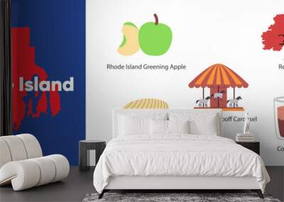 Rhode island states symbol object green apple quahaug horse carousel and red maple America country illustration Wall mural