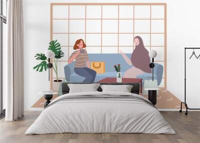 two women chat talk hold cup drink sitting sofa shopping bag in waiting room with flat cartoon style design illustration Wall mural