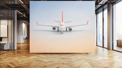 model metal passenger airplane / front view / background is blue on top, orange at bottom Wall mural