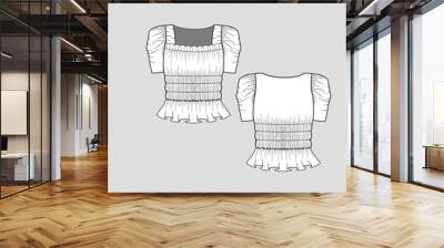 Smocked Ruched puff sleeve top Square Neck Shirred Gathering Frill Ruffles hem  fashion t shirt top blouse flat sketch technical drawing template design vector Wall mural