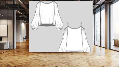 Womens Fashion Balloon Sleeve open Shoulder Cami top long sleeve gathering Tank top T shirt top blouse flat sketch mock up  technical drawing template design vector Wall mural