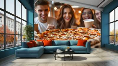 Happy smiling young people friends gathering in pizzeria or at home together eating tasty Italian food taking pizza slices from box enjoying party with cardboard cups in hands. Food Wall mural