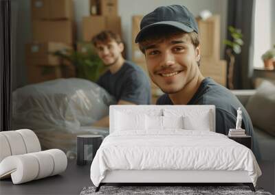 Portrait of a two young smiling male movers packing furniture in the living room. Moving service men workers wrapping chair with plastic wrap. Move, moving day and relocation concep Wall mural