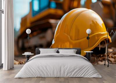 Present a close-up image of a yellow safety helmet against the backdrop of construction equipment, emphasizing its role as a protector of progress Wall mural