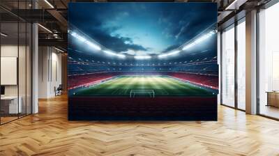 An awe-inspiring 3D-rendered modern football stadium boasting floodlights illuminating the field, VIP boxes accommodating hundreds of thousands of passionate fans. Wall mural