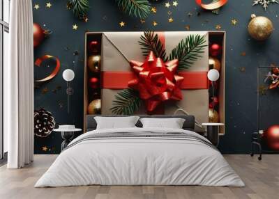 Christmas background with gift boxes and decorations. Top view flat lay with copy space Wall mural