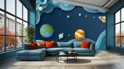 Paper art style of planet earth and space background. Vector illustration Wall mural