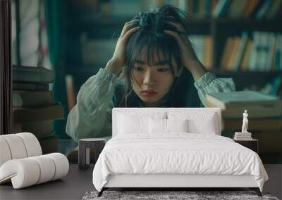 Portrait of tired female student sitting at table and reading book in library Wall mural