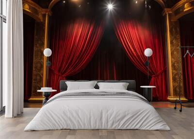 Theater stage with red curtains and spotlights, illuminated by spotlights, 
 Wall mural