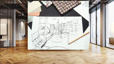 on the table are a drawing of pencil-drawn design room design. in the frame, a sheet of paper on a b Wall mural