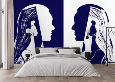 Two girls with long hair looking at each other. Blue and white vector illustration. Silhouette of woman head. Profile of a beautiful young girl. Fashion concept. Geometrical abstract drawing. Wall mural