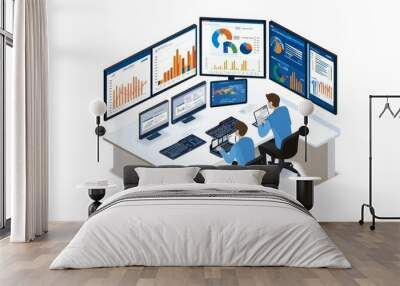 A modern data analysis workspace featuring two professionals monitoring multiple digital displays filled with graphs and charts. Wall mural