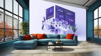 A modern office environment featuring multiple screens displaying data analytics, with two professionals engaged in teamwork amidst a clean, minimalistic design. Wall mural